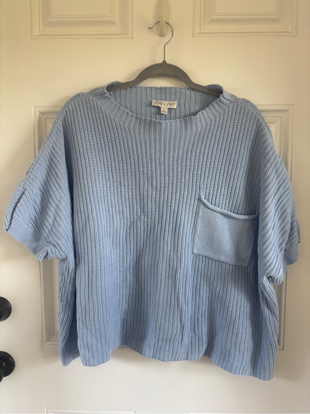 She + Sky Pale Blue Knit Crewneck Pocket Sweater